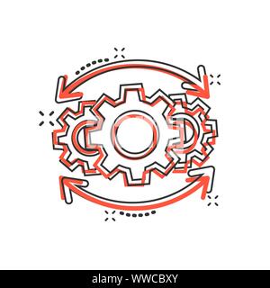 Operation project icon in comic style. Gear process vector cartoon illustration on white isolated background. Technology produce business concept spla Stock Vector