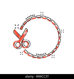 Coupon cut lines icon in comic style. Scissors snip vector cartoon illustration on white isolated background. Sale sticker business concept splash eff Stock Vector