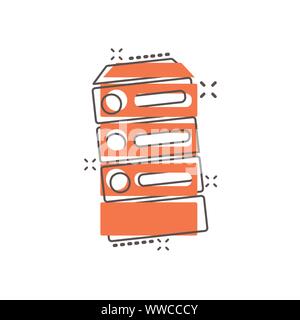 Data center icon in comic style. Server vector cartoon illustration on white isolated background. Security business concept splash effect. Stock Vector