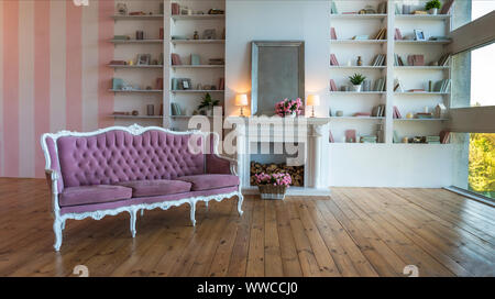 brick fireplace, built ins, stone fireplace, coastal, paint, wall, cozy, alcove, gray, interior design ideas Stock Photo