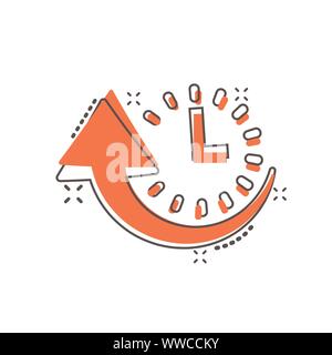 Downtime icon in comic style. Uptime vector cartoon illustration on white isolated background. Clock business concept splash effect. Stock Vector