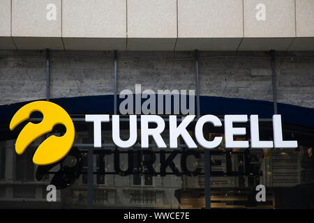 ISTANBUL, TURKEY - JUNE 15, 2019: Detail of Turkcell store in Istanbul, Turkey. Turkcell is the leading mobile phone operator of Turkey, Stock Photo