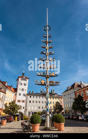 Pole with coat of arms in Traunsten, Bavaria, Germany Stock Photo
