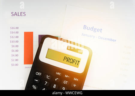 A calculator with the word PROFIT on the display. Selective focus and crop fragment Stock Photo