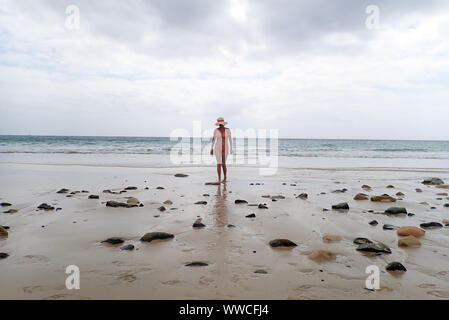 Young Woman Walk Beach Porto Santo Island Madeira Portugal Europe Stock Photo