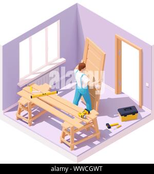 Vector isometric worker at door installation Stock Vector