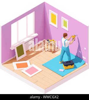 Vector isometric worker drilling wall Stock Vector