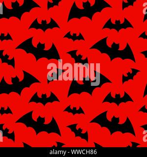 Vector pattern background with bats silhouettes for halloween design. Happy Halloween. Seammles pattern swarm of bats on the red background. Stock Vector