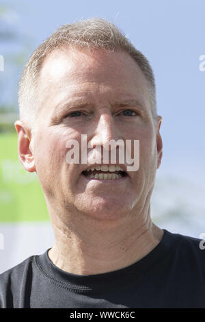 Miyagi, Japan. 15th Sep, 2019. Joseph M. Young, Charge d' Affaires ad interim of U.S. Embassy delivers a speech during the ''Tour de Tohoku'' event at Ishinomaki Senshu University in Ishinomaki City. The annual bicycle event is organized by Kahoku Shimpo Publishing Co. and Yahoo Japan Corp., since 2013, to support the recovery of Tohoku region. A media tour organized by the Tokyo Metropolitan Government in collaboration with local authorities aims to showcase the recovery efforts in Tohoku area affected by the 2011 Great East Japan Earthquake and Tsunami. (Credit Image: © Rodrigo Reyes Mar Stock Photo