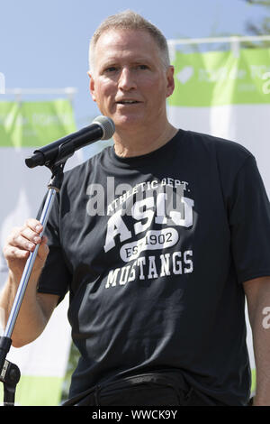 Miyagi, Japan. 15th Sep, 2019. Joseph M. Young, Charge d' Affaires ad interim of U.S. Embassy delivers a speech during the ''Tour de Tohoku'' event at Ishinomaki Senshu University in Ishinomaki City. The annual bicycle event is organized by Kahoku Shimpo Publishing Co. and Yahoo Japan Corp., since 2013, to support the recovery of Tohoku region. A media tour organized by the Tokyo Metropolitan Government in collaboration with local authorities aims to showcase the recovery efforts in Tohoku area affected by the 2011 Great East Japan Earthquake and Tsunami. (Credit Image: © Rodrigo Reyes Mar Stock Photo