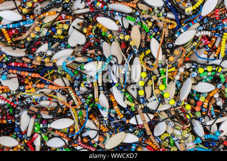 Traditional wristband for sale at a street market stall in Bodrum, Turkey. Close up. Bracelets at bazar Stock Photo