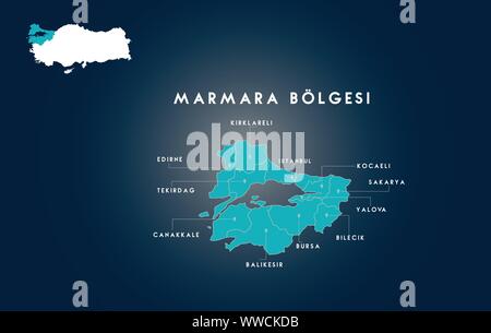 Map of Turkey Marmara Region (Turkish Turkiyenin marmara bolgesi, Edirne, Tekirdag, Canakkale, Balikesir, Bursa, Bilecik, Yalova, Sakarya, Kocaeli, is Stock Vector