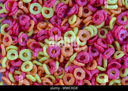 Background texture of colored rings of a dry breakfast. Food concept. Close up Stock Photo