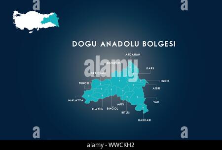 Turkey Eastern Anatolia Region Map ( Turkish Turkiyenin Dogu Anadolu Bolgesi Erzurum, Ardahan, Erzincan, Kars, igdir, Tunceli, Malatya, Elazig, Bingol Stock Vector