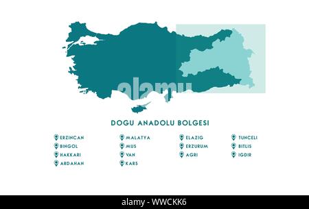 Turkey Eastern Anatolia Region Map ( Turkish Turkiyenin Dogu Anadolu Bolgesi Erzurum, Ardahan, Erzincan, Kars, igdir, Tunceli, Malatya, Elazig, Bingol Stock Vector