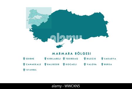 Map of Turkey Marmara Region (Turkish Turkiyenin marmara bolgesi, Edirne, Tekirdag, Canakkale, Balikesir, Bursa, Bilecik, Yalova, Sakarya, Kocaeli, is Stock Vector