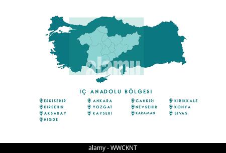Turkey Central Anatolia Region Map ( Turkish Turkiye ic anadolu bolgesi, Ankara, Eskisehir, Kirsehir, Aksaray, Konya, Karaman, Nigde, Kayseri, Nevsehi Stock Vector