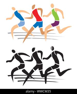 Running race. Three running men on running track.  Isolated on white background.Vector available. Stock Vector