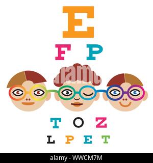 Children at the eye doctor, colorblindness concept. Illustration of three children with colorful optometry chart and funny glasses. Vector available. Stock Vector