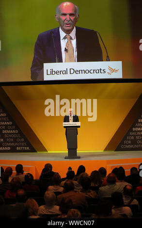 Former Lib Dem leader Sir Vince Cable speaks during the Liberal Democrats autumn conference at the Bournemouth International Centre in Bournemouth. Stock Photo