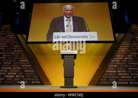 Former Lib Dem leader Sir Vince Cable speaks during the Liberal Democrats autumn conference at the Bournemouth International Centre in Bournemouth. PA Photo. Picture date: Sunday September 15, 2019. See PA story LIBDEMS Main. Photo credit should read: Jonathan Brady/PA Wire