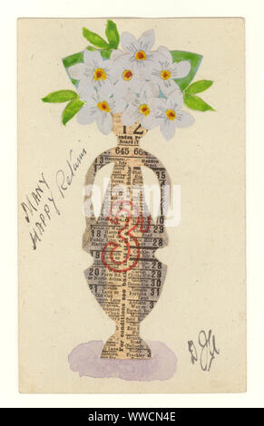 Illustrated and collaged original World War 2 era homemade birthday greetings card, vase flowers postcard, using scraps, old 3d (3 old pence) tram ticket from the London suburb's, cut-out flowers, dated 26 Jan 1944, U.K. Stock Photo