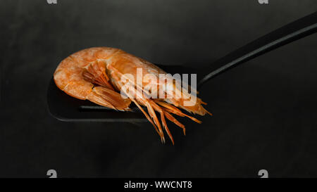 Fine selection of jumbo shrimps for dinner on stone plate. Place for text. Stock Photo