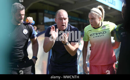 Manchester City manager, Nick Cushing during the the Barclays FA Women's Super League match at Adams Park, Wycombe. Stock Photo