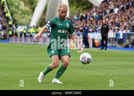 Huddersfield, UK. 15th Sep, 2019. Huddersfield, UK. 15 September 2019. The John Smiths Stadium, Huddersfield, Yorkshire, England; English Championship Football, Huddersfield Town Football Club versus Sheffield Wednesday; Barry Bannan of Sheffield Wednesday looks to control the ball - Strictly Editorial Use Only. No use with unauthorized audio, video, data, fixture lists, club/league logos or 'live' services. Online in-match use limited to 120 images, no video emulation. No use in betting, games or single club/league/player publications Credit: Action Plus Sports Images/Alamy Live News Stock Photo