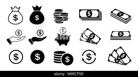 Money icon set. Coins and dollars symbols. Stock Vector