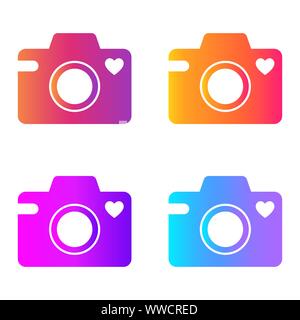 Camera icon with a heart symbol. Vector gradient fresh color set. Isolated illustration on white background. Stock Vector