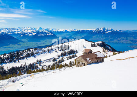 Panorama of Lake Lucerne and Alps mountains from the top of Rigi Kulm in Switzerland Stock Photo