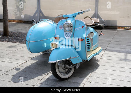 SERBIA, BELGRADE - SEPTEMBER 7, 2019: An Old timer motorcycle on display at the '24 hours of elegance' show on September 7, 2019 in Belgrade, Serbia. Stock Photo