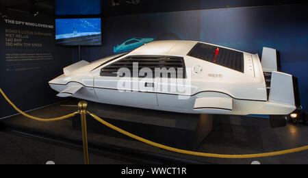 The Lotus submarine car PPW306R from the filming of The spy who loved me on display at Silverstone as part of the touring 'Bond in Motion' exhibition. Stock Photo