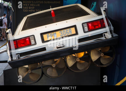 The Lotus submarine car PPW306R from the filming of The spy who loved me on display at Silverstone as part of the touring 'Bond in Motion' exhibition. Stock Photo