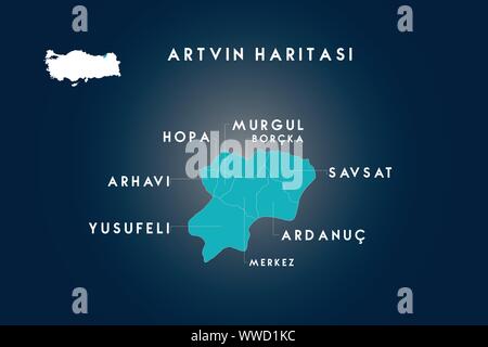 Artvin districts hopa, arhavi, yusufeli, ardanuc, savsat, murgul, borcka map, Turkey Stock Vector