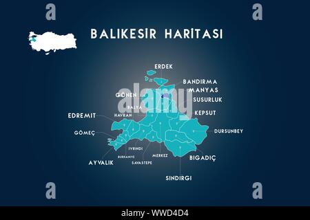 Balikesir districts Erdek, Bandirma, Manyas, Susurluk, Kepsut, Dursunbey, Bigadic, Sindirgi, Savastepe, ivrindi, Burhaniye, Ayvalik, Gomec, Edremit, H Stock Vector