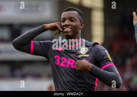 Barnsley, UK. 15th Sep, 2019. Eddie Nketiah of Leeds United celebrates after scoring his sides first goal against Barnsley. EFL Skybet championship match, Barnsley v Leeds United at Oakwell in Barnsley on Sunday 15th September 2019. this image may only be used for Editorial purposes. Editorial use only, license required for commercial use. No use in betting, games or a single club/league/player publications. pic by Lewis Mitchell/Andrew Orchard sports photography/Alamy Live news Credit: Andrew Orchard sports photography/Alamy Live News Stock Photo