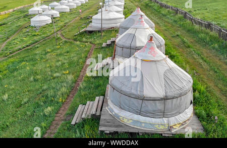 Aerial view of the Tsenkher Hot Spring Camping Site, Central Mongolia Stock Photo