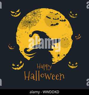 Happy Halloween trick or treat. Witch silhouette over full moon, jack o'lantern, bats and spider web symbols. Traditional 31 october holiday, calligra Stock Photo