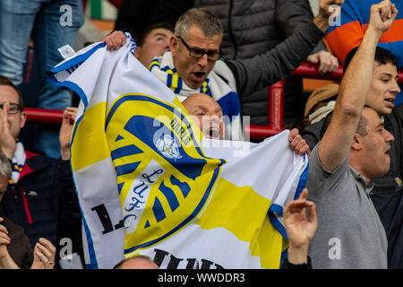 Barnsley, UK. 15th Sep, 2019. Leeds United fans celebrate at full time. EFL Skybet championship match, Barnsley v Leeds United at Oakwell in Barnsley on Sunday 15th September 2019. this image may only be used for Editorial purposes. Editorial use only, license required for commercial use. No use in betting, games or a single club/league/player publications. pic by Lewis Mitchell/Andrew Orchard sports photography/Alamy Live news Credit: Andrew Orchard sports photography/Alamy Live News Stock Photo