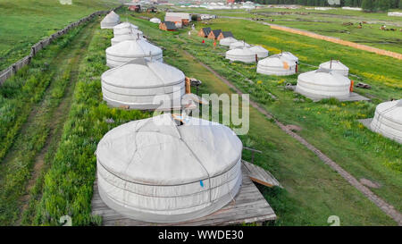 Aerial view of the Tsenkher Hot Spring Camping Site, Central Mongolia Stock Photo