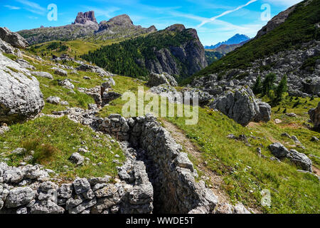 Trenches from the war, Falzarego Pass, The Italian Dolomites around Canazei and Cortina, Sud Tirol, Italian Alps, Italy Stock Photo