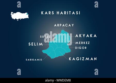 Kars districts arpacay, sarikamis, susuz, selim, akyaka, digor, kagizman map, Turkey Stock Vector