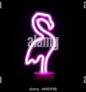 Neon pink flamingo LED lamp isolated on black background. Children's modern night light. Square image. Stock Photo