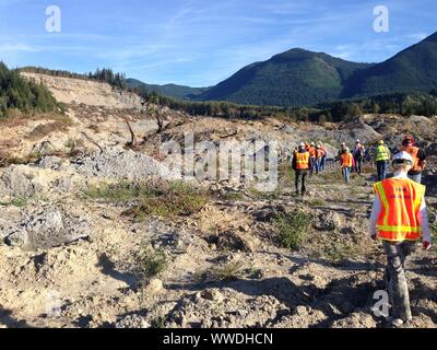 Geologists examine the 2014 Oso Landslide, North Fork Stillaguamish River Valley, Snohomish County, Washington, USA Stock Photo