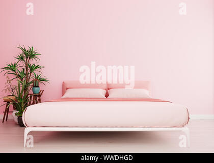 Millennial pink mock up wall with pink bed in modern interior background, bedroom, Scandinavian style, wide close-up, 3D render, 3D illustration