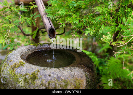 Zen Bamboo Water Fountain flowing into a stone bowl. Japanese Zen Fountain. Stock Photo