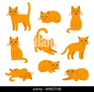 Cartoon cat set with different poses and emotions. Cat behavior, body language and face expressions. Ginger kitty in simple cute style, isolated vecto Stock Vector