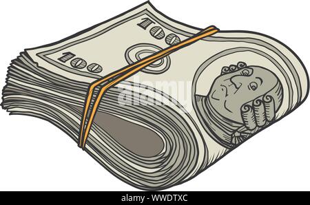 One hundred dollars bundle of banknotes gum. Benjamin Franklin. comic cartoon pop art retro vector illustration drawing Stock Vector